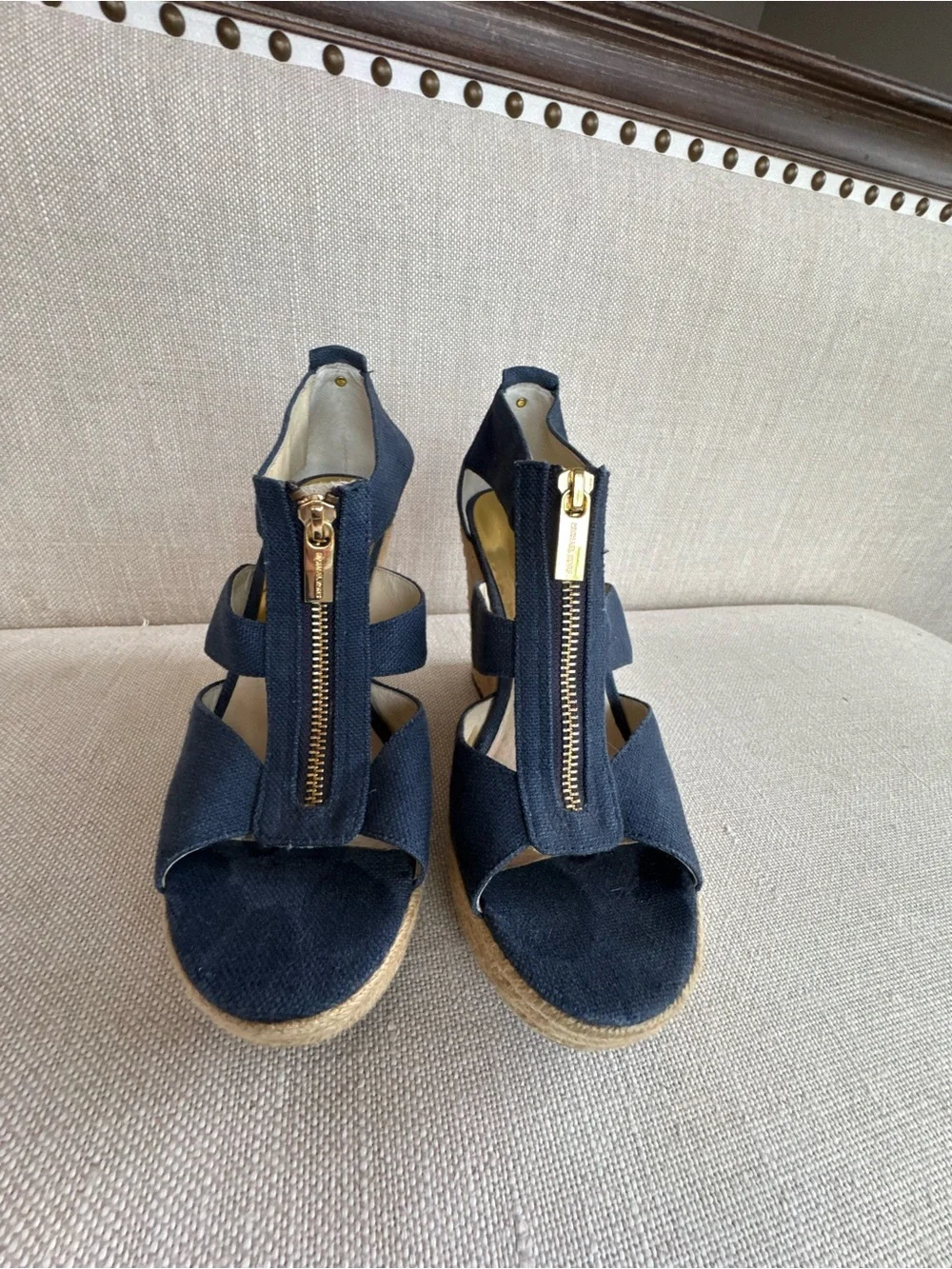 Michael Kors Navy Wedge Espadrille Sandals with Zip Accent